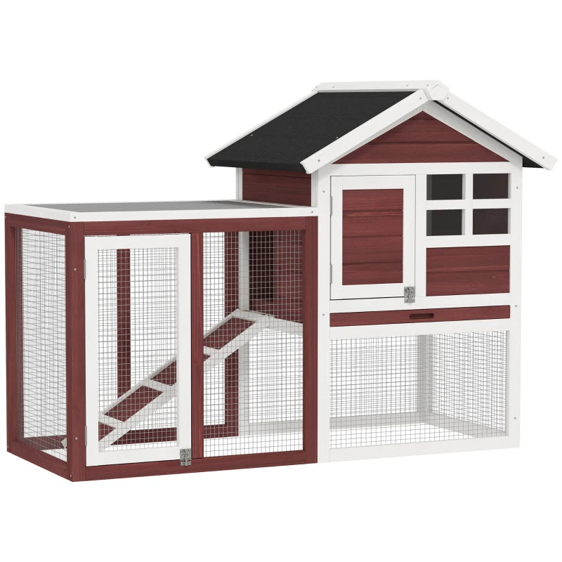 48" Weatherproof Wooden Rabbit Hutch Bunny Cage Small Animal House with Slant Roof And Screened Outdoor Run, Brown