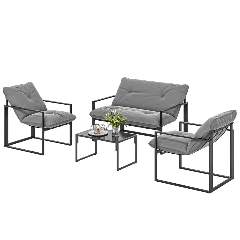 4 Piece Outdoor Furniture Set, Patio Conversation Set with Tempered Glass Table, Loveseat, Chairs, Cushions, Light Grey