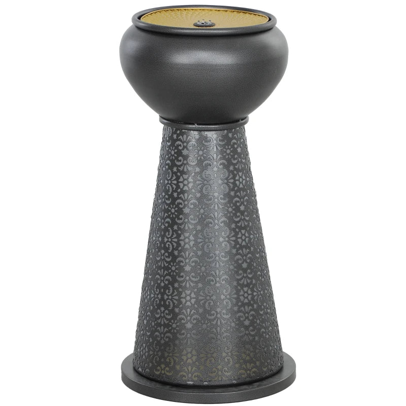 28" Tall Outdoor Water Fountain with LED Lights, Bowl Garden Waterfall Fountain with Adjustable Flow, Outdoor Water Feature with Cut-out Floral Base, Dark Grey and Yellow