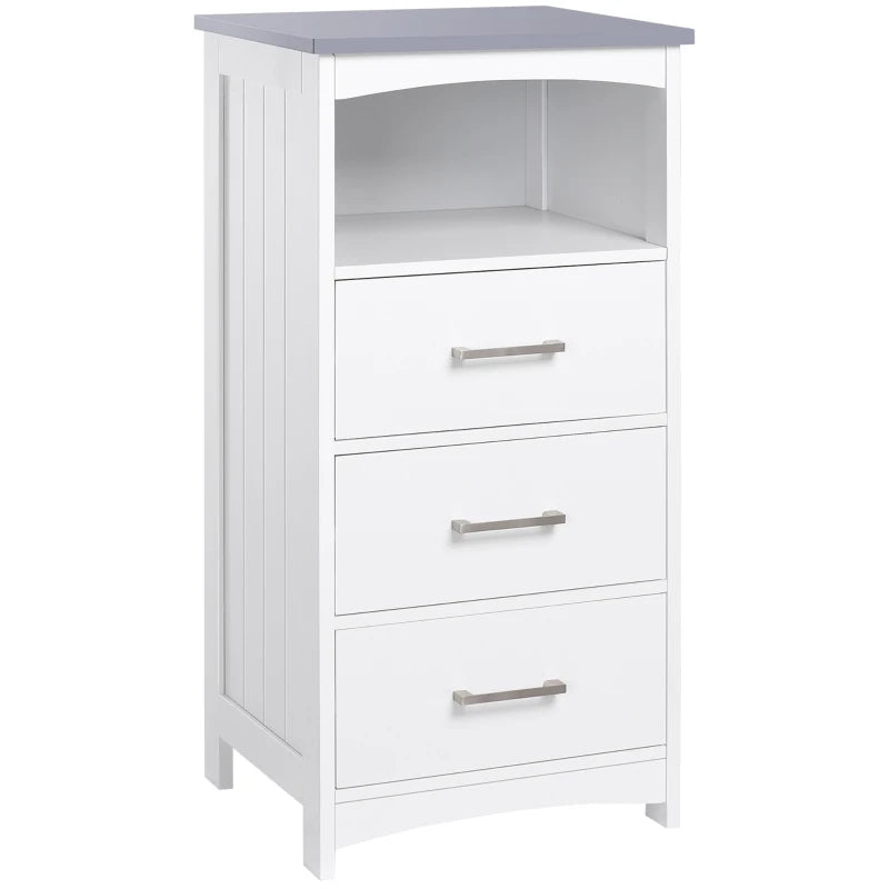 Small Bathroom Storage Cabinet, Floor Cabinet with 3 Drawers and Open Component, Narrow Bathroom Cabinet, White