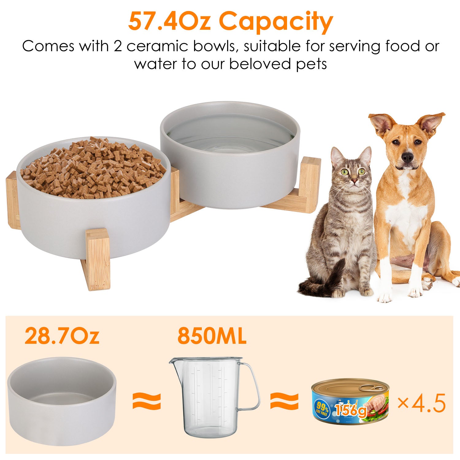 Double 28.7Oz Ceramic Pet Bowls Dog Cat Bowls with Wooden Stand Raised Pet Feeder for Small Dogs Cats 