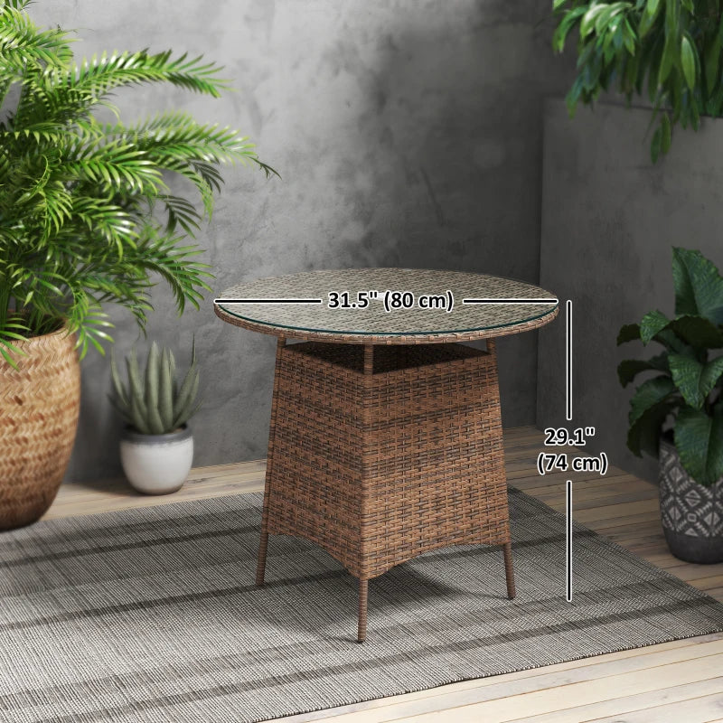 31.5" Outdoor Round Patio Table with Umbrella Hole, Bistro Coffee Table with Tempered Glass Top for Garden, Brown
