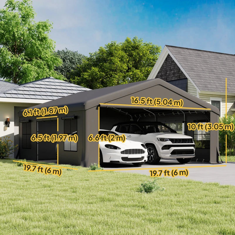 20' x 20' Heavy Duty Carport, Portable Garage Car Canopy Tent Shelter with 3 Roll-up Doors, 4 Windows, Dark Grey