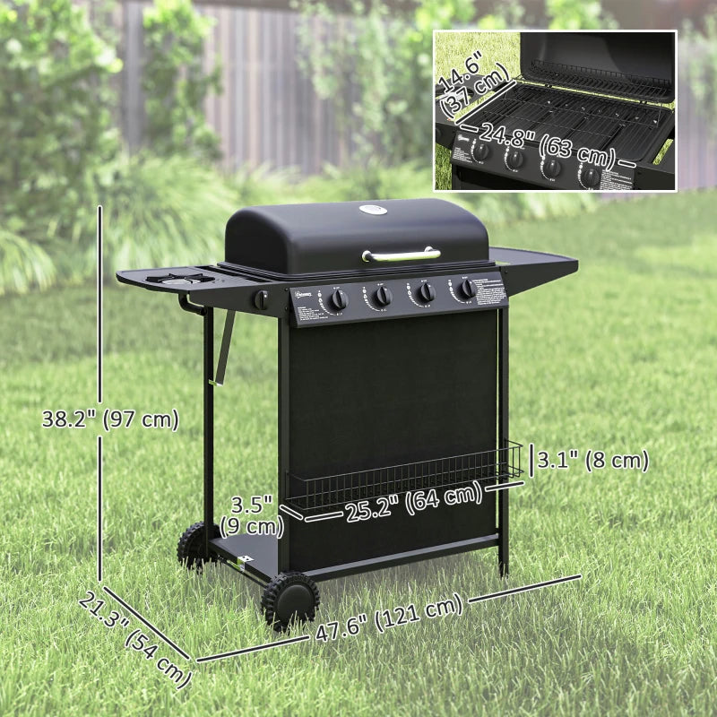 4+1 Burner Propane Gas BBQ Grill, Portable Gas Barbecue Grill with Side Burner, Thermometer, Lid, Side Table, Shelf, Spice Rack, Wheels, Grease Cup for Garden, Black