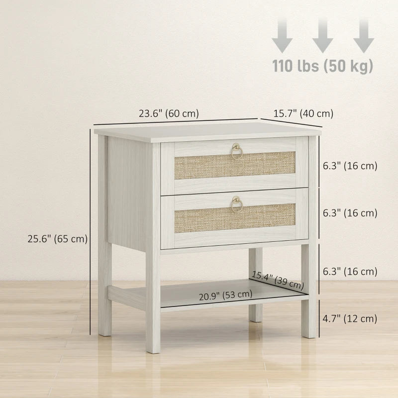 Set of 2 Boho Bedside Tables, Rattan Nightstands with 2 Drawers, Storage Shelf, End Side Tables for Bedroom, White Oak