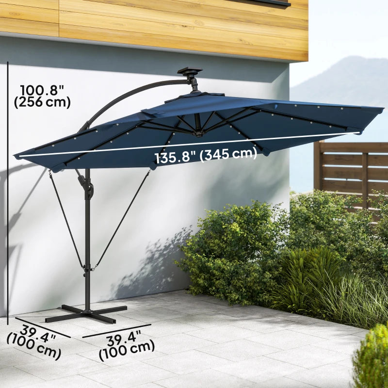 11.3 ft Cantilever Patio Umbrella with Light, Cover, Aluminium UPF50+ Offset Outdoor Umbrella Parasol, Navy Blue