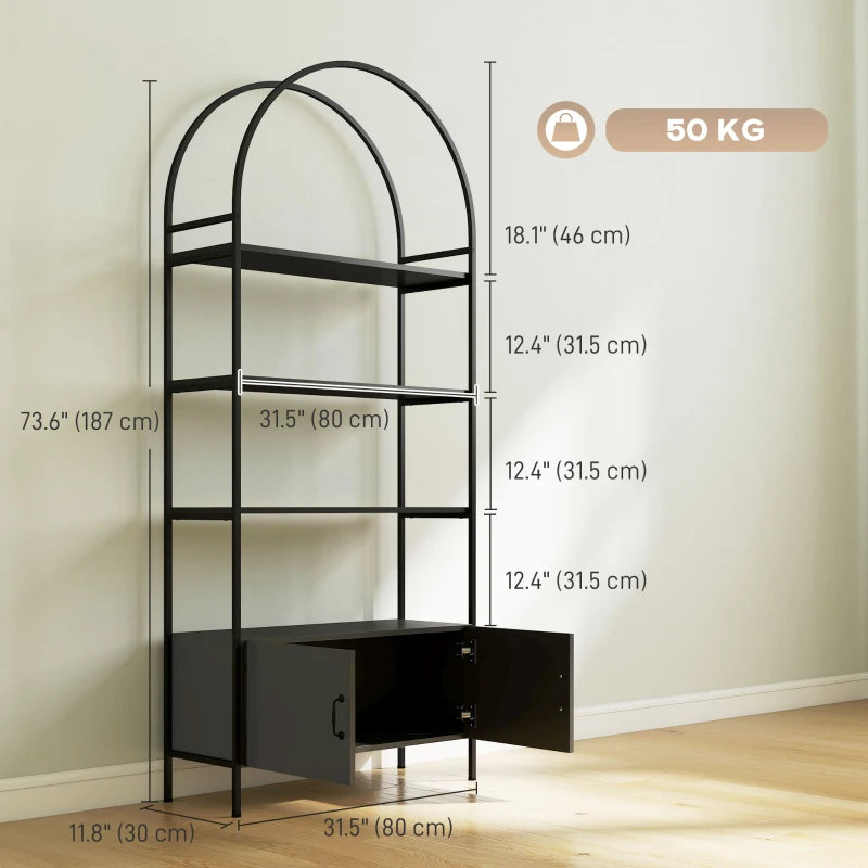4-Tier Arched Shelving Unit with Cabinet, Bookshelf for Living Room, Office, 31.5" x 11.8" x 73.6", Black