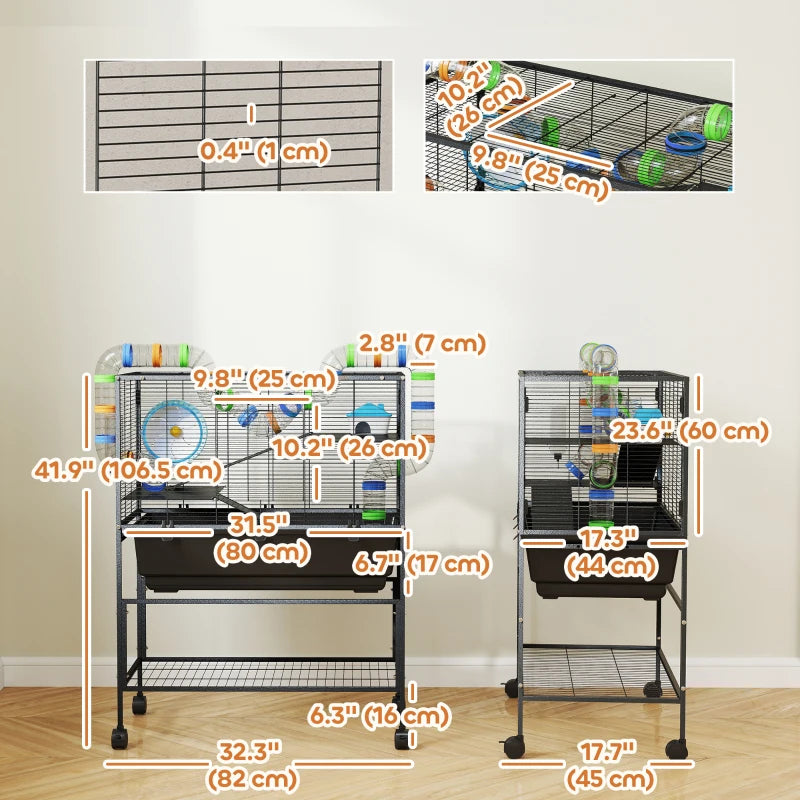 3 Tier Rolling Hamster Cage with 7" Deep Tray, Storage Shelf, Big Exercise Wheel, Tube System, for Syrian, Gerbil, Rat