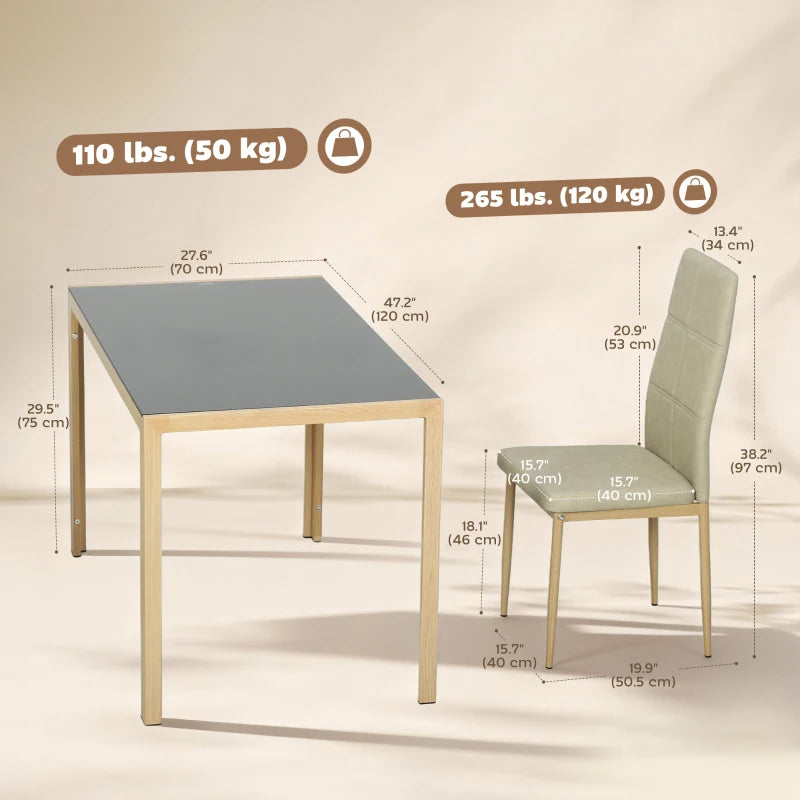 3-Piece Rectangular Glass Kitchen Table and Chairs with Metal Frame and Faux Leather Upholstery for Dining Room