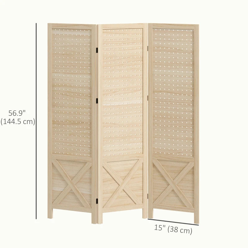 4.7' 3 Panel Wooden Room Divider with Pegboard Display, Folding Privacy Screen for Home Office, Natural