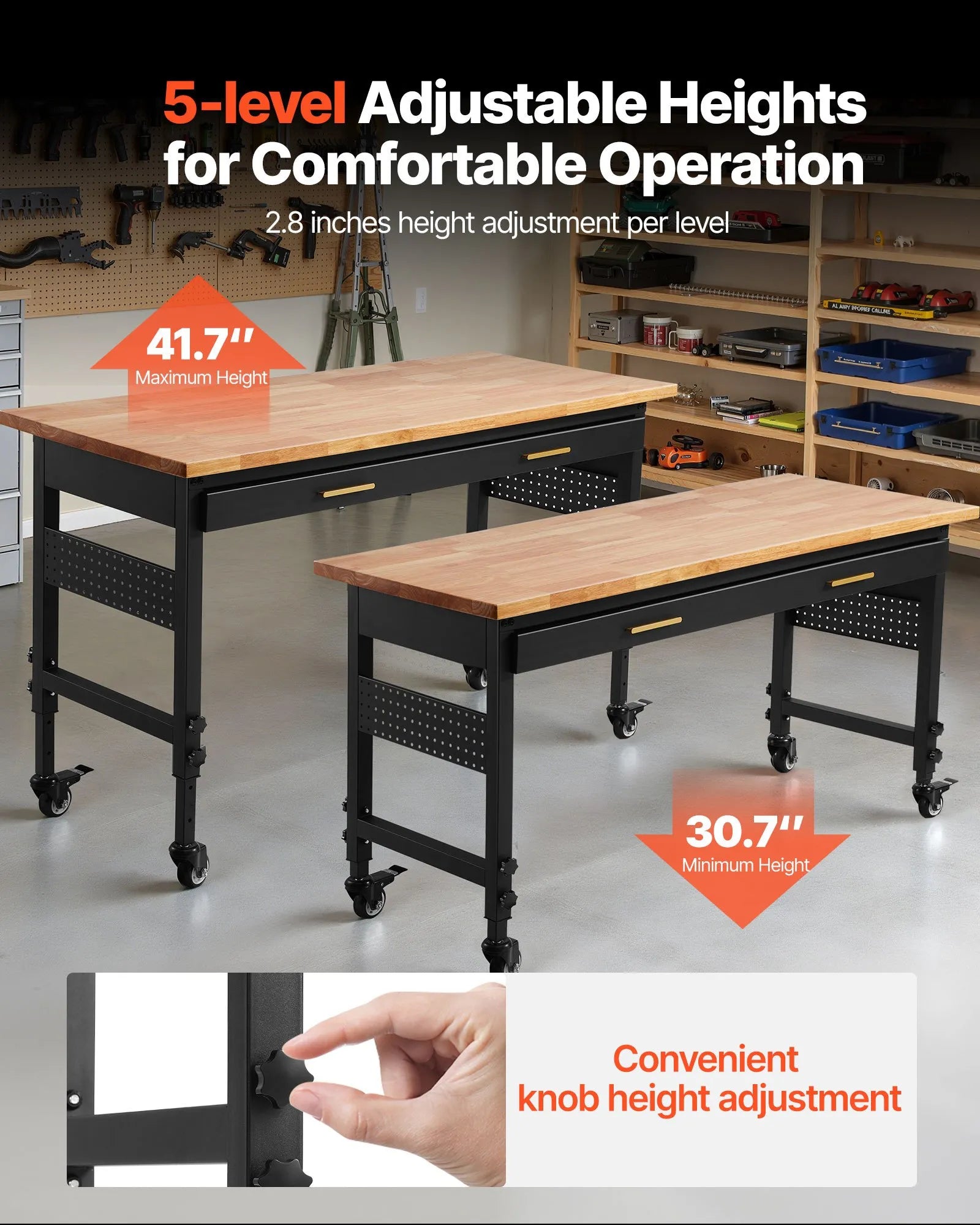 VEVOR 60" Workbench on Wheels Adjustable Height Table with Power Outlet & Drawer