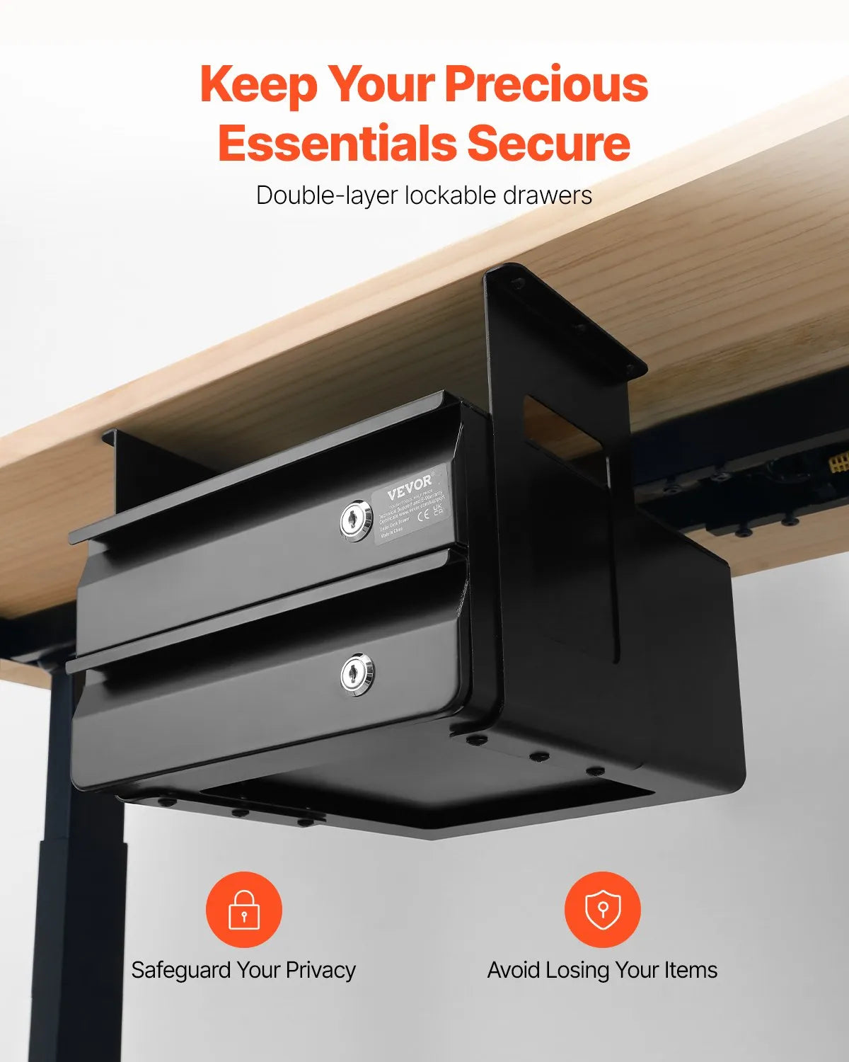 VEVOR 2 Drawer 13" Lockable Under Desk Drawer Organizer Slide-out Drawer Office