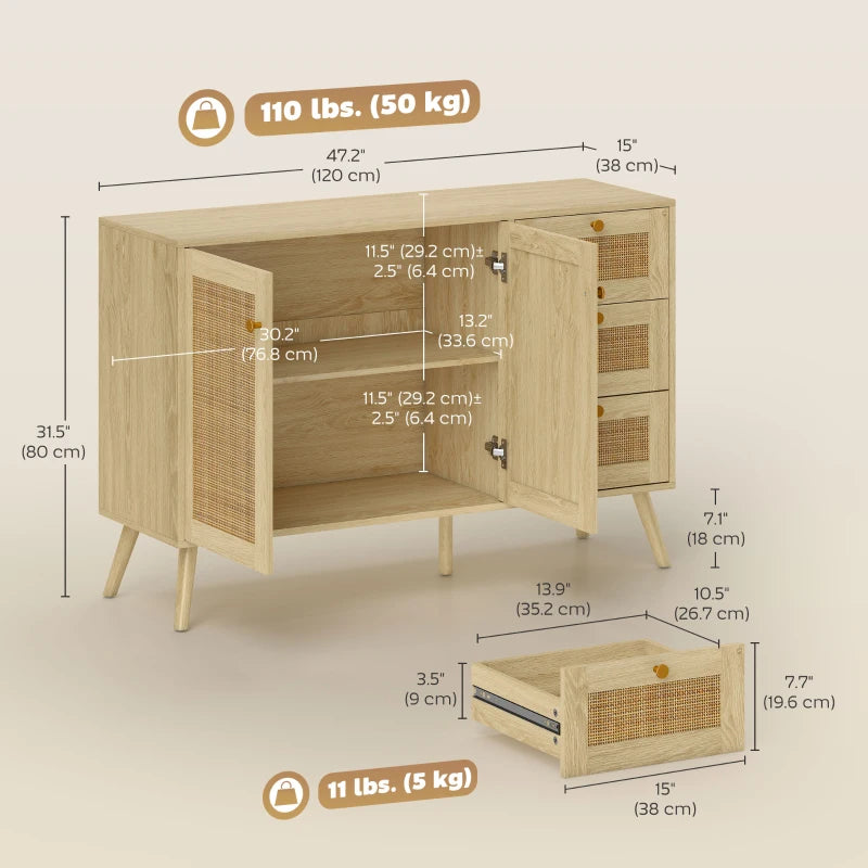 47" Buffet Cabinet with Soft-Close Doors, Rattan Sideboard with Drawers, Adjustable Shelf and Wooden Legs, Natural