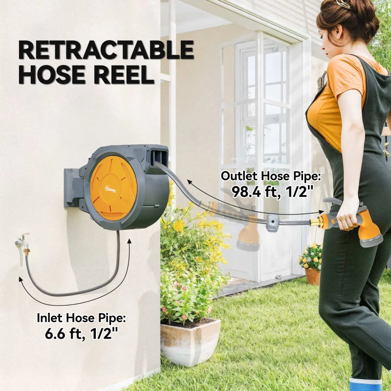 1/2 in x 100ft Wall Mounted Garden Hose Reel, Retractable Water Hose Reel with Auto Rewind, Any Length Lock, Orange