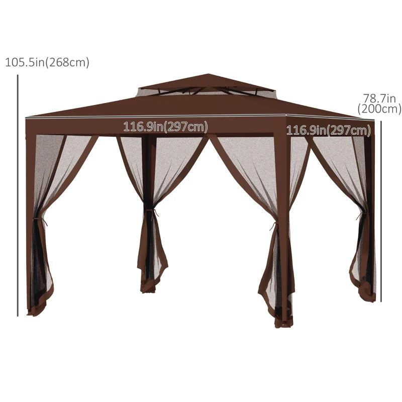 10' x 10' Outdoor Canopy Tent Party Tent with Mesh Netting and Double Tier Roof for Backyard, Garden, Patio, Brown