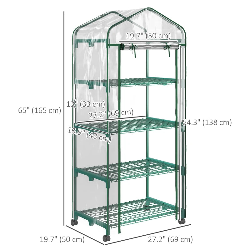 27" x 20" x 65" Portable Greenhouse with 4 Tier Shelves and Wheels, Outdoor Hot House Plant Flower Greenhouse, Steel Frame, Plastic Cover, Clear