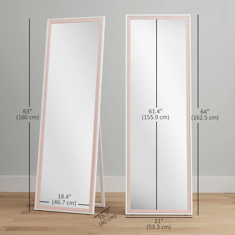 64" x 21" Full Length Mirror, Rectangular Full Body Mirror with Frame, Standing, Hanging or Leaning, White and Pink