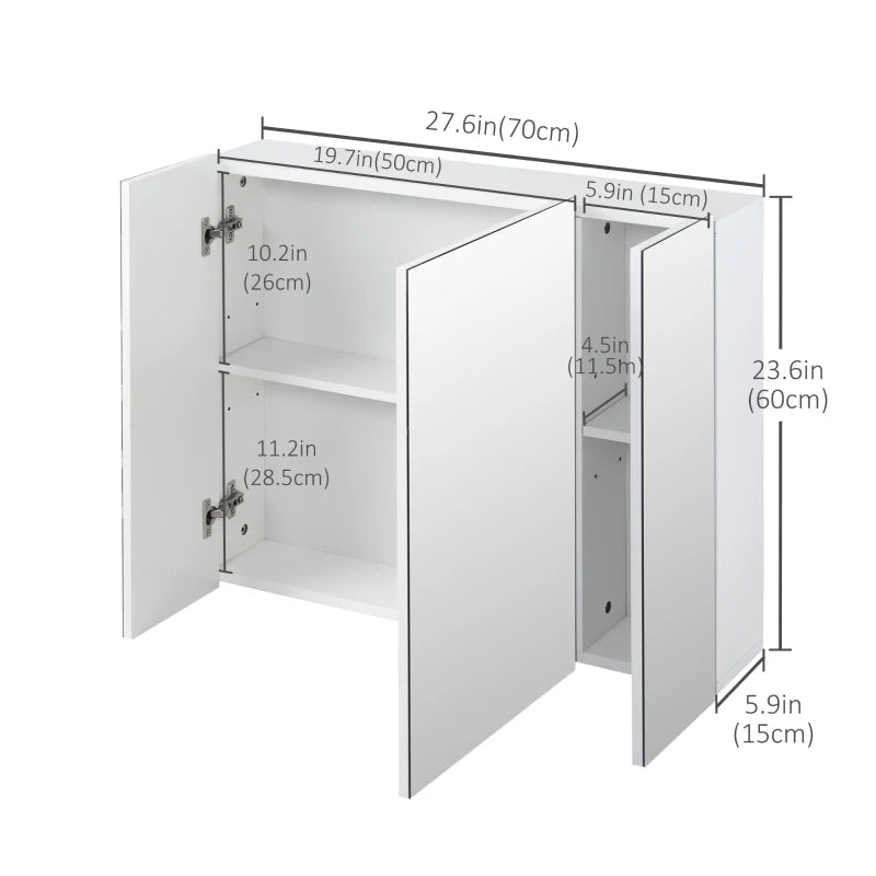 28" x 24" Wall Mounted Mirror Cabinet, Bathroom Medicine Cabinet with Mirror, 3 Doors and Adjustable Shelves, White