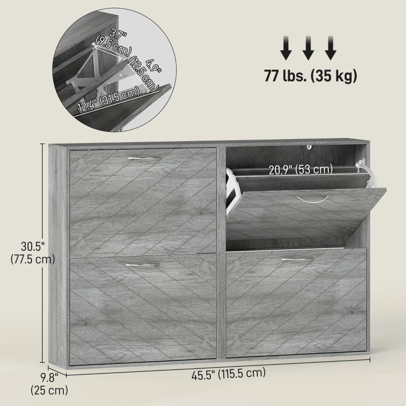 Shoe Storage Cabinet with 4 Flip Drawers, Narrow and Slim, 12-20 Pair of Shoes Organizer for Hallway, Entryway, Grey