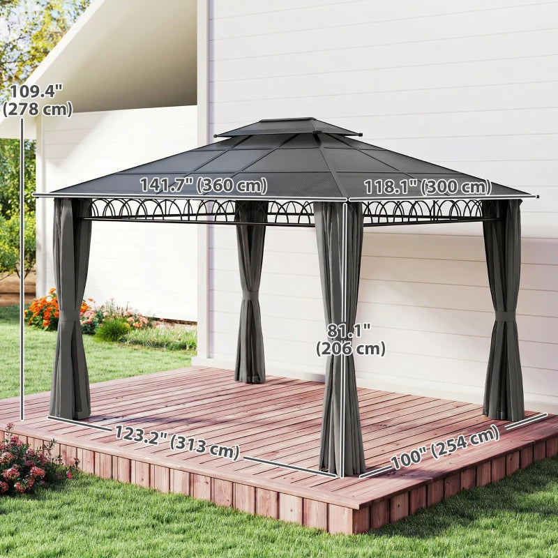 10' x 12' Outdoor Gazebo Canopy, Double Roof Hardtop Gazebo with Polycarbonate Roof, Steel Frame, Nettings and Curtains