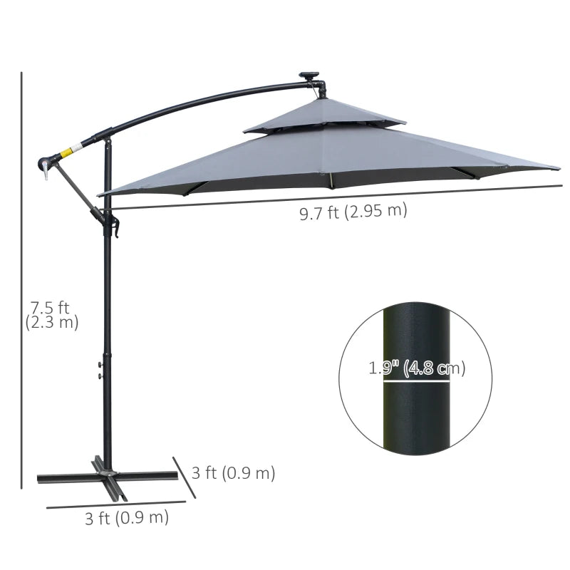 10FT Cantilever Patio Umbrella with Lights Solar Powered Offset Umbrella with Crank and Cross Base for Deck Grey
