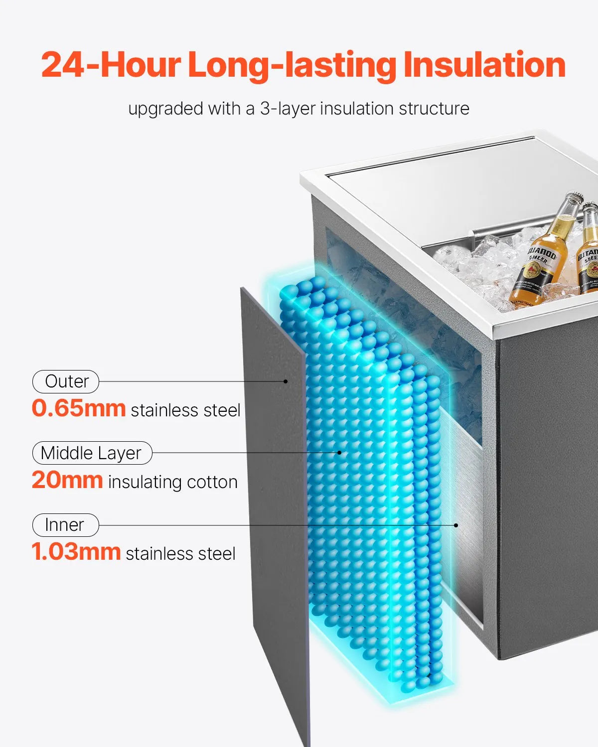 VEVOR 28.6 Qt Drop in Ice Chest Ice Cooler Ice Bin Stainless Steel 18"x12"x14.5"