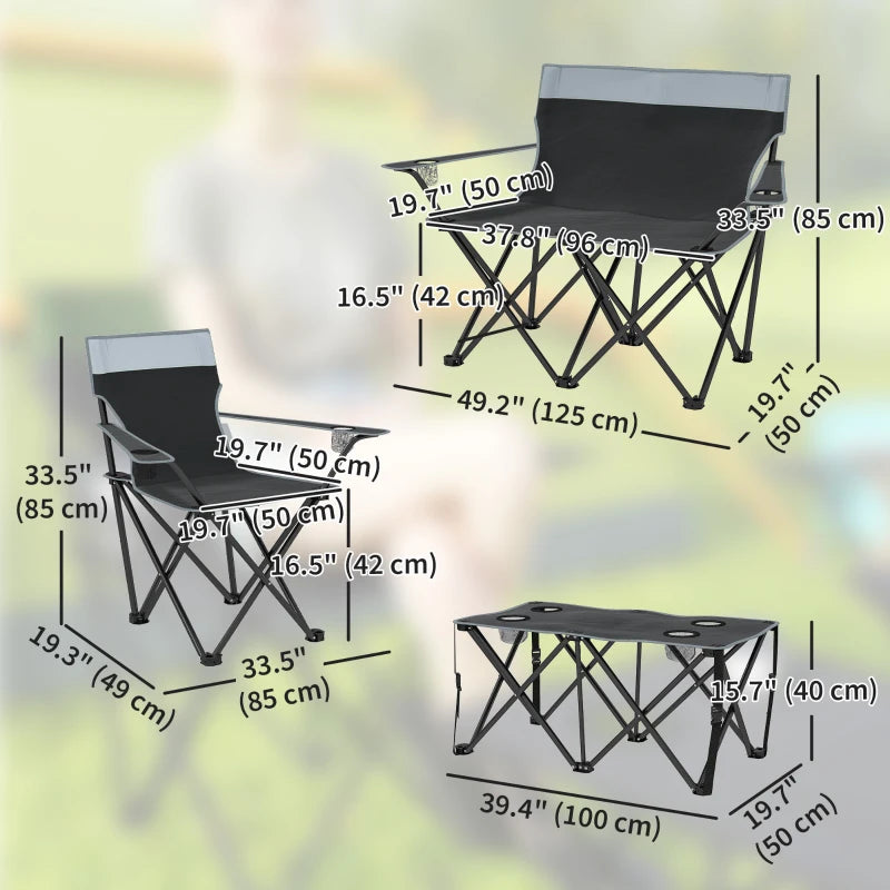 4 Piece Folding Camping Table and Chairs, Outdoor Lawn Chair Set w/ Table, Cup Holders for Hiking, Picnic, Grey