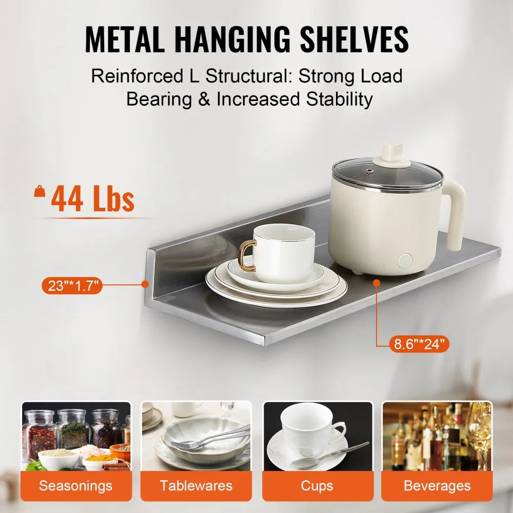 VEVOR 8.6" x 24" Stainless Steel Shelf, Wall Mounted Floating Shelving with Backsplash, 44 lbs Load Capacity Commercial Shelves, Heavy Duty Storage Rack for Restaurant, Kitchen, Bar, Home, and Hotel