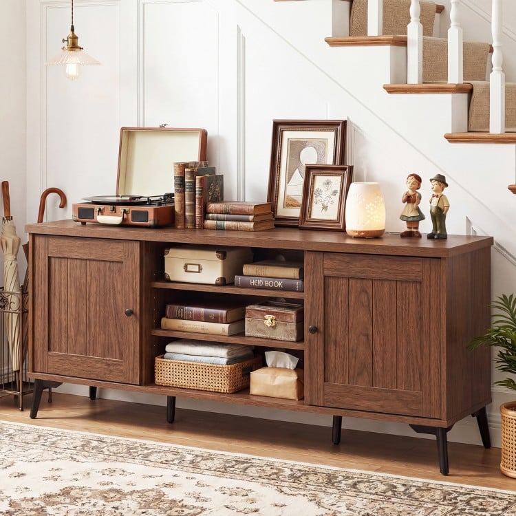 2-Door TV Stand for TVs up to 65 Inch Mid Century Modern Entertainment Center-Brown