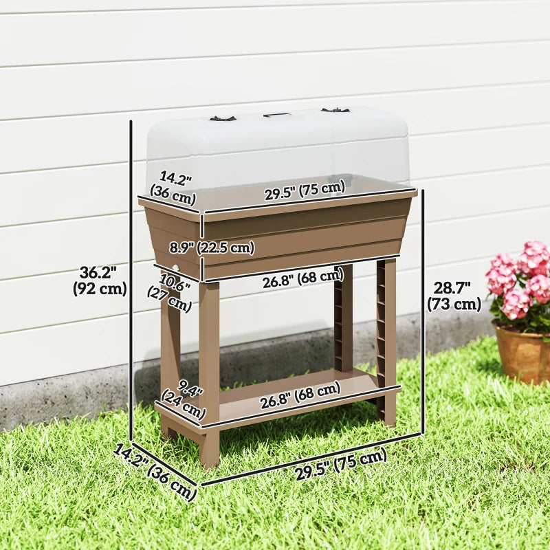 41L Self Watering Raised Garden Bed w/ Ventilation Transparent Lid Greenhouse, Planter Box w/ Storage Shelf, Brown