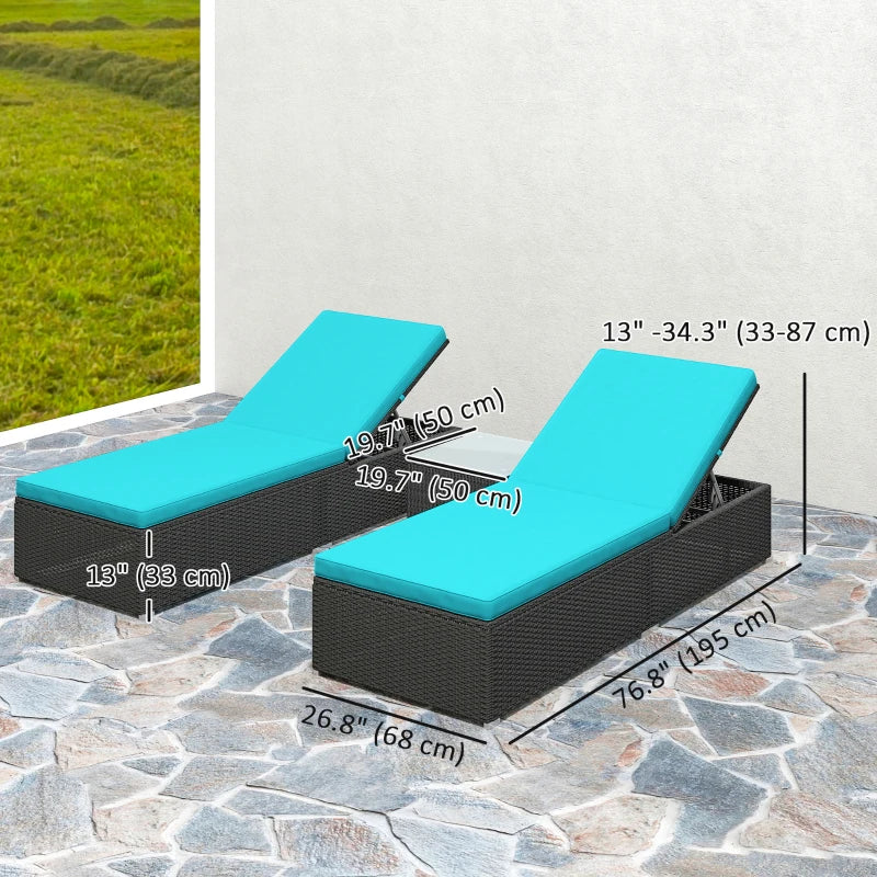3pc Rattan Lounge Chair Set with Side Table Outdoor Patio Synthetic Rattan Wicker Sun Bed Set with Cushion