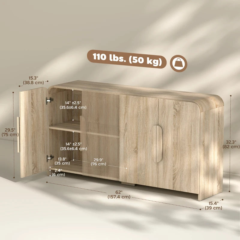 Sideboard Buffet Cabinet, 62" Modern Kitchen Storage Cabinet with Soft-Close Doors and Adjustable Shelves, Natural Wood