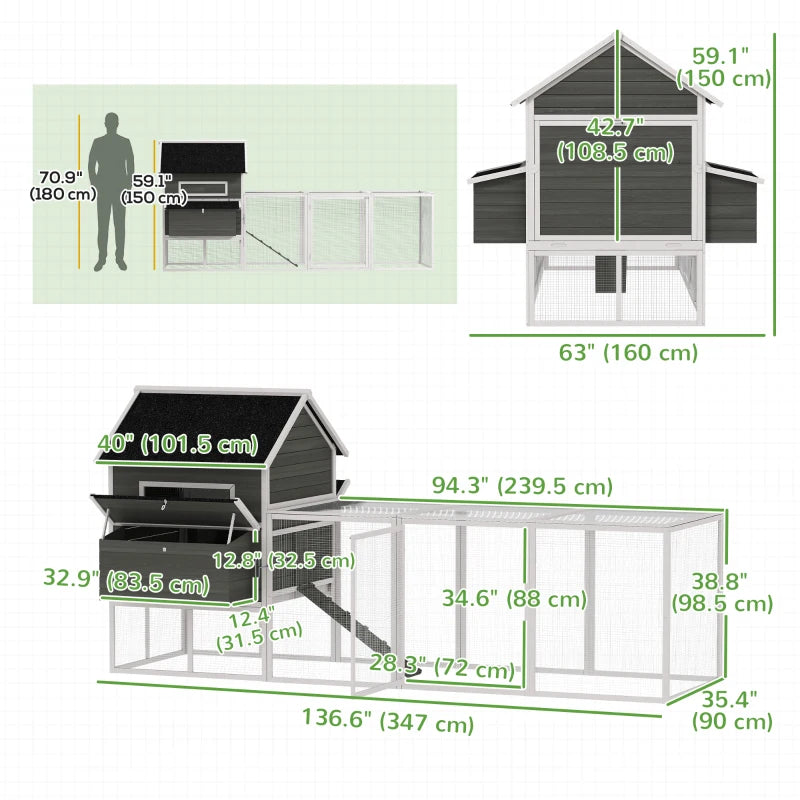 137" Wooden Chicken Coop with Chicken Run, Nesting Box, Dark Grey