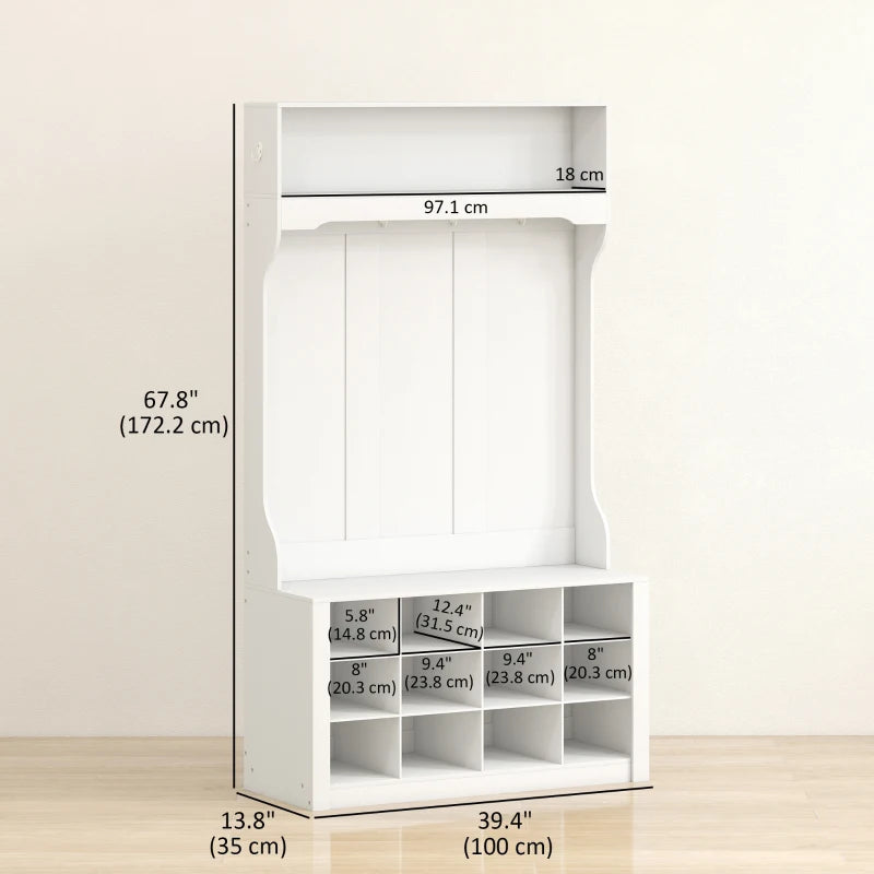 4-In-1 Hall Tree with Bench and Shoe Storage, Farmhouse Coat Rack Shoe Bench with 12 Shoe Cubbies, 6 Hooks, White