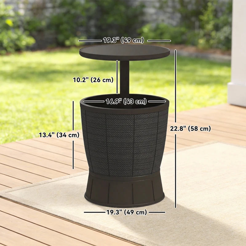 11 Gallon Patio Cooler Side Table, Outdoor Cooler Bar Table with Height Adjustable Top, Drainage Plug, Brown