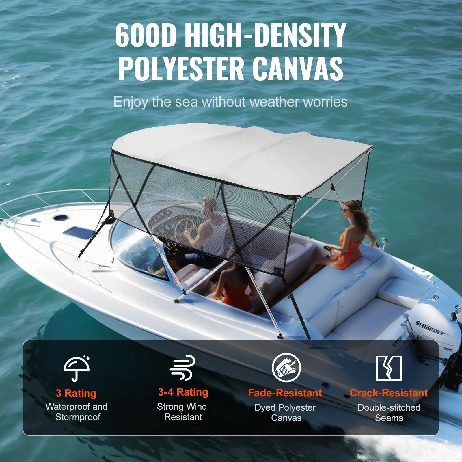 VEVOR 4 Bow Bimini Top Boat Cover, Detachable Mesh Sidewalls, 600D Polyester Canopy with 1" Aluminum Alloy Frame, Includes Storage Boot, 2 Support Poles, 2 Straps, 8'L x 54"H x 91"-96"W, Light Grey