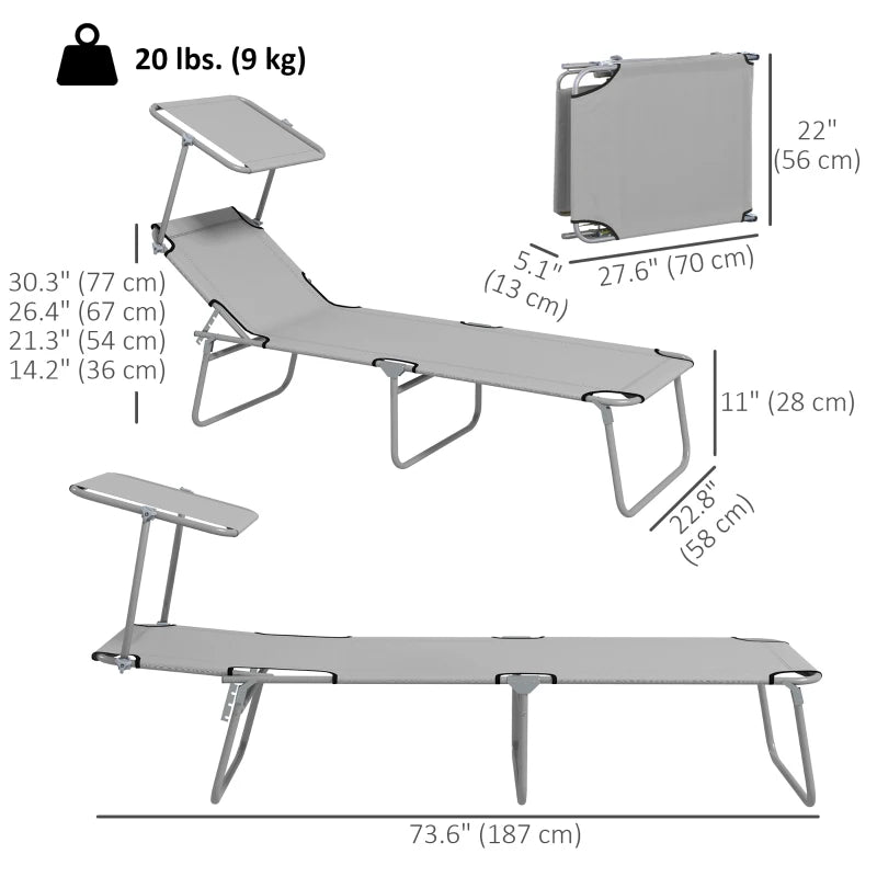 2Pcs Outdoor Lounge Chair, Adjustable Folding Chaise Lounge with Sun Shade for Beach, Camping, Hiking, Light Grey