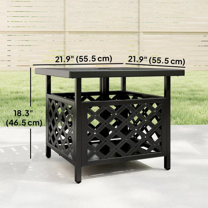22" Outdoor Coffee Table, Patio Side Table with Umbrella Hole Slatted, Metal Top, for Garden, Backyard, Poolside, Black
