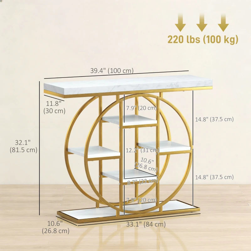 39.4" Console Table with Storage Shelves, Industrial Sofa Table for Living Room, Hallway, White Marble Effect