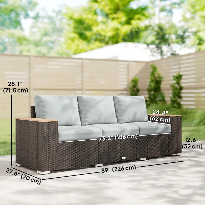 3-Seater Outdoor Sofa Couch, Wicker Patio Sofa with Wood Effect Armrests and Thick Cushions, Grey