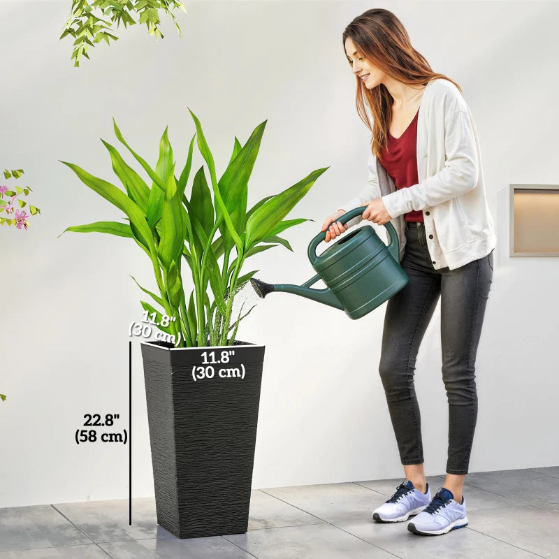 22.8" Tall Planters Set of 3, Indoor Outdoor Taper Planters with Stone Finish, Wheels and Drainage Hole, Black