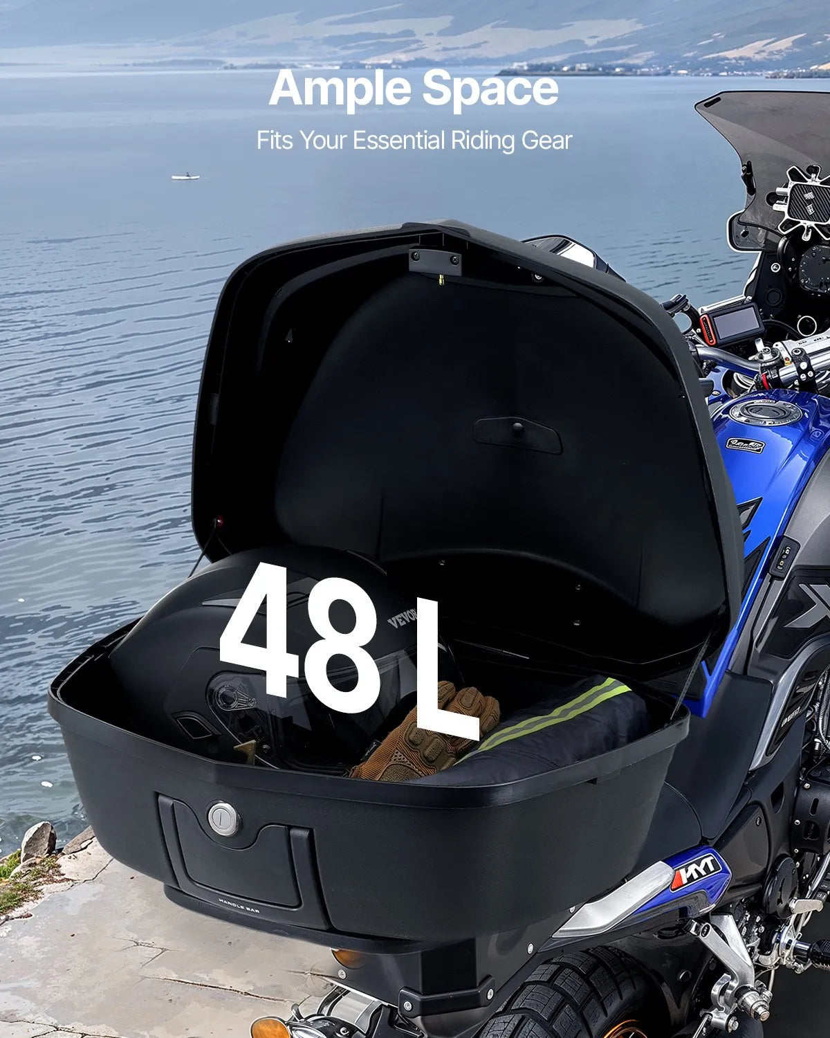 VEVOR 48L Motorcycle Top Case Universal Motorbike Tail with Reflective Panel