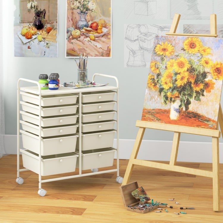 12-Drawer Rolling Storage Cart with Removable Drawers and Lockable Wheels-Beige