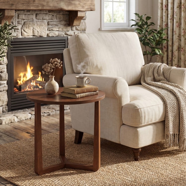 22.5 inch Round Side Table Farmhouse End Table with Sturdy Rubber Wood Legs and Triangular Structure-Walnut