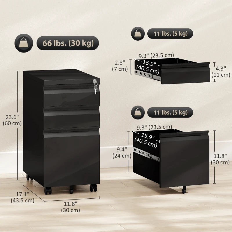 3 Drawer Filing Cabinet with Lock, Steel Office Storage Cabinet with Hanging Bar for A4, Legal, Letter Files, Black
