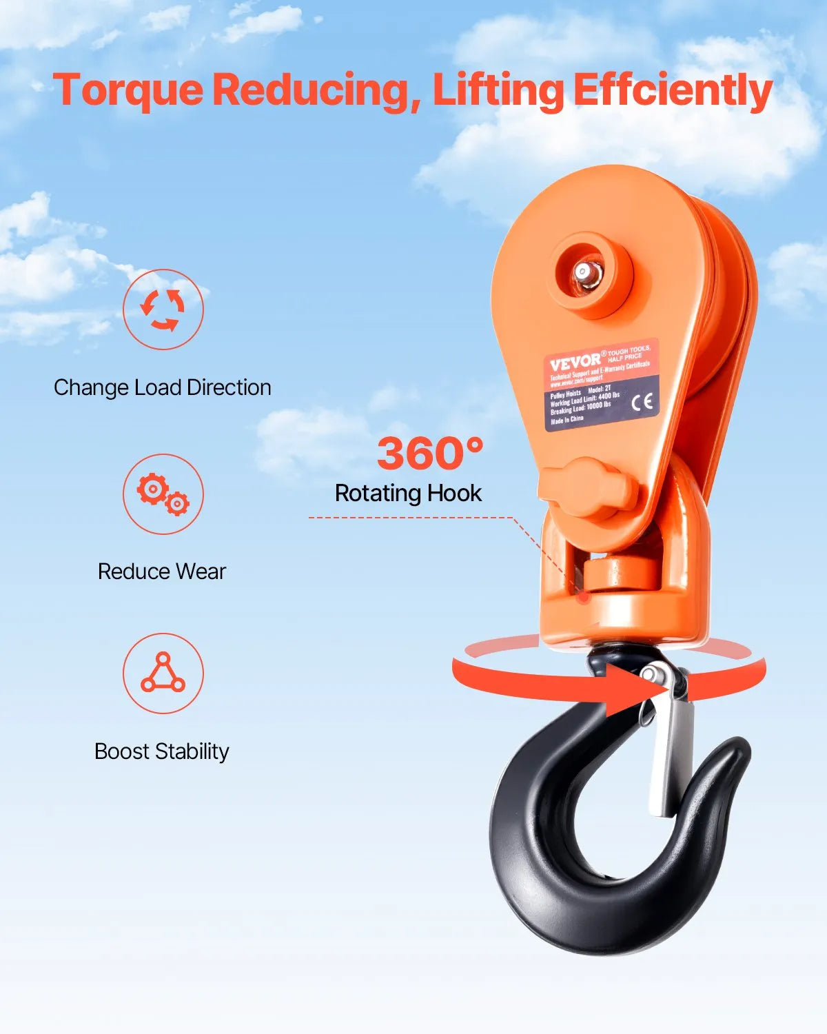 VEVOR 2 Ton Snatch Block with Swivel Hook 3" Sheave 3/8" Wire Rope Rollback