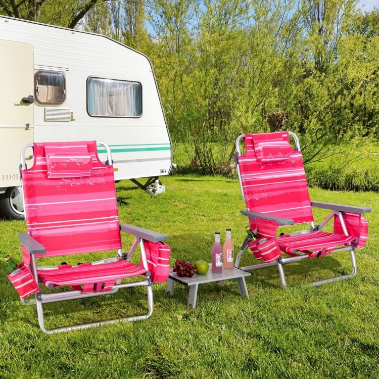 2 Packs 5-Position Outdoor Folding Backpack Beach Table Chair Reclining Chair Set-Hot Pink