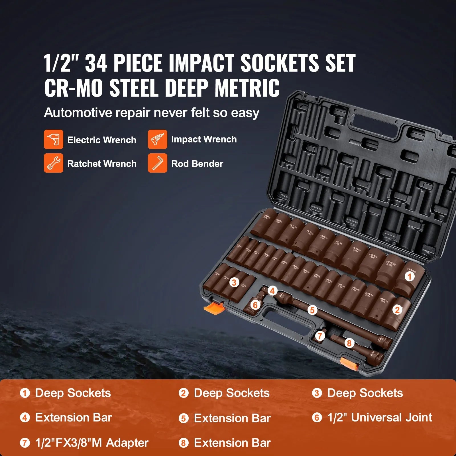 VEVOR 1/2" Drive Impact Socket Set, 34 Piece Socket Set Metric 8-36mm, 6 Point Cr-MO Alloy Steel for Auto Repair, Easy-to-Read Size Markings, Rugged Construction, Includes Storage Case
