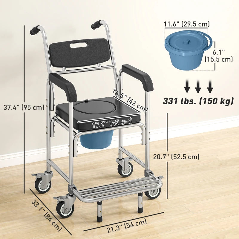 3-in-1 Shower Commode Wheelchair, Transport Beside Commode Chair with Padded Seat for the Elderly, Disabled
