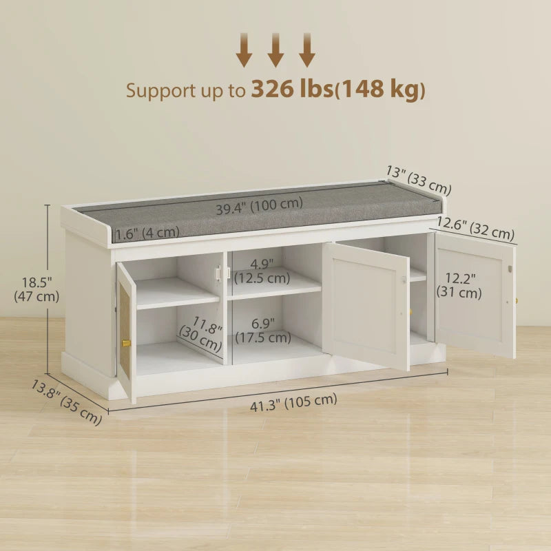 Shoe Storage Bench with Woven Rattan Doors, Shoe Bench with Cushion, Adjustable Shelves, Entryway Bench, White